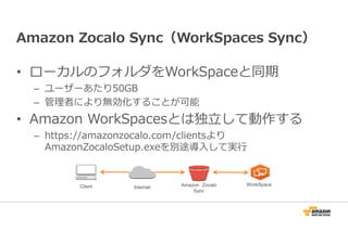Amazon Zocalo Sync（WorkSpaces Sync） 
• ローカルのフォルダをWorkSpaceと同期 
– ユーザーあたり50GB 
– 管理者により無効化することが可能 
• Amazon WorkSpacesとは独⽴して動作する 
– https://amazonzocalo.com/clientsより 
AmazonZocaloSetup.exeを別途導⼊して実⾏ 
Client WorkSpace 
Internet Amazon Zocalo 
Sync 
 