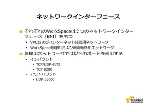 ネットワークインターフェース 
それぞれのWorkSpaceは２つのネットワークインター 
フェース（ENI）をもつ 
• VPCおよびインターネット接続⽤ネットワーク 
• WorkSpace管理⽤および画⾯転送⽤ネットワーク 
管理⽤ネットワークでは以下のポートを利⽤する 
• インバウンド 
• TCP/UDP 4172 
• TCP 8200 
• アウトバウンド 
• UDP 55000 
 
