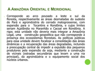 A Amazônia Oriental e Meridional Corresponde ao arco povoado a leste e sul da floresta, respectivamente as áreas desmatadas do sudeste do Pará e agroindústria do cerrado matogrossense, com expansãopara o  Tocantins e Rondônia, e cujos limites seriam Açailândia noMaranhão e Cacoal em Rondônia. A rigor, esta unidade não deveria maisintegrar a Amazônia Legal, uma   construção geopolítica que nãocorresponde à presença dos ecossistemas florestais. As políticas públicaspara essa unidade devem focalizar a consolidação das áreas dinâmicas e arecuperação das áreas degradadas, incluindo a preocupação central deimpedir a expulsão dos pequenos produtores pela expansão da soja, mediante a construção de vicinais (estradas secundárias que levam a uma via principal), da agroindústria e o equipamento socialdos núcleos urbanos.A Amazônia Central É a área a ser cortada por maior númerode ENIDs (Eixos Nacionais de Integração e Desenvolvimento), estendendo-se do nordeste do Pará à rodovia Porto Velho Manaus-Venezuela. Passível de expansão da agricultura capitalizada emvelocidade máxima nos eixos, como pode ser o caso da soja na Cuiabá-Santarém, no vale do Madeira, no rio Juma, contém grande proporção deterra indígenas e unidades de conservação, o que lhe atribui grandevulnerabilidade. A ação para essa unidade deve focalizar, portanto, a aceleração a viabilização de políticas conservacionistas para compensar  oimpacto dos ENIDs (Eixos Nacionais de Integração e Desenvolvimento), envolvendo o ZEE (Zoneamento Ecológico-Econômico) ao longo dos eixos, a demarcaçãodas terras indígenas e UCs, o estímulo à produção de mercado para aspopulações autóctones, bem como o equipamento urbano e as vicinais.A Amazônia Ocidental  À margem dos ENIDs, a Amazônia Ocidental é uma unidade ainda marcada pelo ritmo da natureza. Sua grande potencialidade em águas, florestas, recursos minerais, a concentraçãoeconômica em Manaus, o peso do narcotráfico e de agentes  externos deum lado, e de índios e militares de outro, caracterizam a região, marcadatambém pela vulnerabilidade das fronteiras e pela relativa ausência deUcs e terras indígenas na sua parte central. Tais condições sugerem quenessa unidade há possibilidades para implementar um padrão de desenvolvimento sustentável, baseado na circulação fluvial modernizada e emprodutos especiais para mercados sofisticados, tais como, a biotecnologia,a madeira certificada, pesca, óleos e essências, além da criação de áreasespeciais e fortalecimento da defesa das fronteiras. Tratam-se, enfim, deações visando a expansão orientada e a vigilância, em que o SIPAM/SIVAM (Sistema de Proteção da Amazônia/Sistema de Vigilância da Amazônia)tem importante papel a ser acelerado.