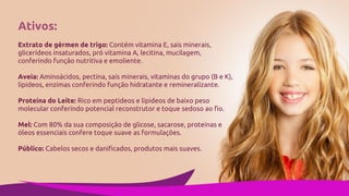 Ativos:
Extrato de gérmen de trigo: Contém vitamina E, sais minerais,
glicerídeos insaturados, pró vitamina A, lecitina, mucilagem,
conferindo função nutritiva e emoliente.
Aveia: Aminoácidos, pectina, sais minerais, vitaminas do grupo (B e K),
lipideos, enzimas conferindo função hidratante e remineralizante.
Proteína do Leite: Rico em peptideos e lipideos de baixo peso
molecular conferindo potencial reconstrutor e toque sedoso ao fio.
Mel: Com 80% da sua composição de glicose, sacarose, proteínas e
óleos essenciais confere toque suave as formulações.
Público: Cabelos secos e danificados, produtos mais suaves.
 
