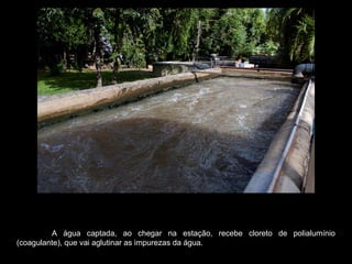 A água captada, ao chegar na estação, recebe cloreto de polialumínio
(coagulante), que vai aglutinar as impurezas da água.
 