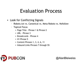 Evaluation Process
• Look for Conflicting Signals
– Robots.txt vs. Canonical vs. Meta Robots vs. Nofollow
– Topical Focus
•
•
•
•
•
•

Page Title – Phrase 1 & Phrase 2
URL – Phrase 3
Breadcrumb – Phrase 4
H1 Phrase 5
Content Phrases 1, 3, 4, 6, 11
Inbound Links Phrases 7 through 55

@AlanBleiweiss

 