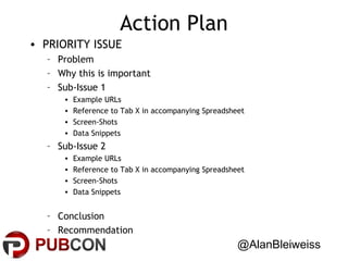 Action Plan
• PRIORITY ISSUE
– Problem
– Why this is important
– Sub-Issue 1
•
•
•
•

Example URLs
Reference to Tab X in accompanying Spreadsheet
Screen-Shots
Data Snippets

– Sub-Issue 2
•
•
•
•

Example URLs
Reference to Tab X in accompanying Spreadsheet
Screen-Shots
Data Snippets

– Conclusion
– Recommendation

@AlanBleiweiss

 