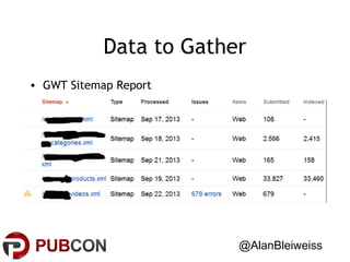 Data to Gather
• GWT Sitemap Report

@AlanBleiweiss

 