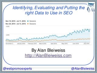 By Alan Bleiweiss
http://AlanBleiweiss.com
@AlanBleiweiss@webpromoexperts
Identifying, Evaluating and Putting the
right Data to Use in SEO
 