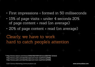 •	 First impressions = formed in 50 milliseconds
 •	 15% of page visits = under 4 seconds 20%
    of page content = read (on average)
 •	 20% of page content = read (on average)

 Clearly, we have to work
 hard to catch people’s attention


*	http://www.nature.com/news/2006/060109/full/news060109-13.html
	 http://www.useit.com/alertbox/percent-text-read.html [2008]
	 http://www.useit.com/alertbox/percent-text-read.html [2008]

 ©2013 Serious Marketing Communications Ltd.	                      www.seriousideas.com
 