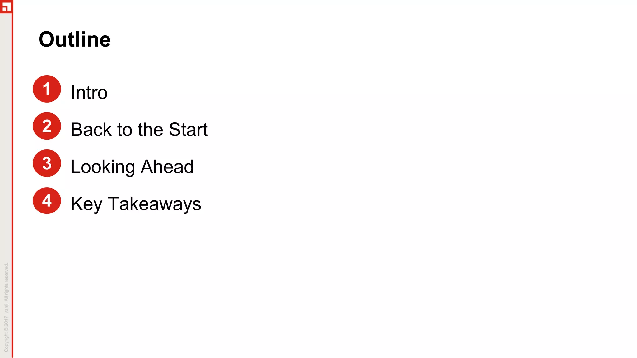 Intro
Back to the Start
Looking Ahead
Key Takeaways
2
1
3
4
Outline
 