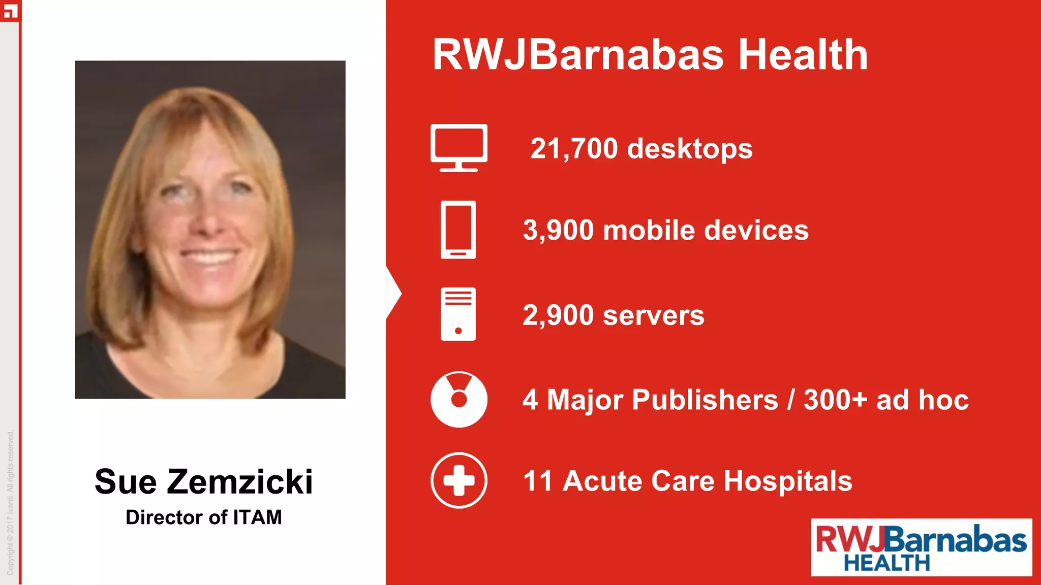 Director of ITAM
Sue Zemzicki
RWJBarnabas Health
21,700 desktops
11 Acute Care Hospitals
3,900 mobile devices
4 Major Publishers / 300+ ad hoc
2,900 servers
 