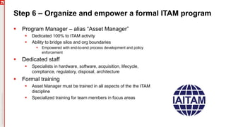 Step 6 – Organize and empower a formal ITAM program
§ Program Manager – alias “Asset Manager”
§ Dedicated 100% to ITAM activity
§ Ability to bridge silos and org boundaries
§ Empowered with end-to-end process development and policy
enforcement
§ Dedicated staff
§ Specialists in hardware, software, acquisition, lifecycle,
compliance, regulatory, disposal, architecture
§ Formal training
§ Asset Manager must be trained in all aspects of the the ITAM
discipline
§ Specialized training for team members in focus areas
 