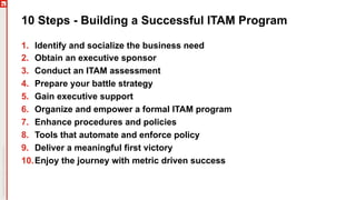 10 Steps - Building a Successful ITAM Program
1. Identify and socialize the business need
2. Obtain an executive sponsor
3. Conduct an ITAM assessment
4. Prepare your battle strategy
5. Gain executive support
6. Organize and empower a formal ITAM program
7. Enhance procedures and policies
8. Tools that automate and enforce policy
9. Deliver a meaningful first victory
10.Enjoy the journey with metric driven success
 