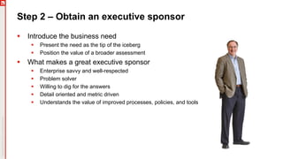 Step 2 – Obtain an executive sponsor
§ Introduce the business need
§ Present the need as the tip of the iceberg
§ Position the value of a broader assessment
§ What makes a great executive sponsor
§ Enterprise savvy and well-respected
§ Problem solver
§ Willing to dig for the answers
§ Detail oriented and metric driven
§ Understands the value of improved processes, policies, and tools
 