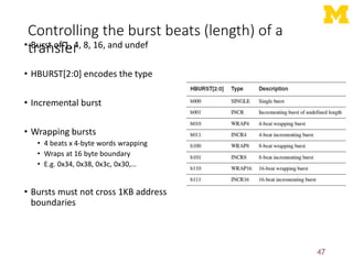 Controlling the burst beats (length) of a
transfer
• Burst of 1, 4, 8, 16, and undef
• HBURST[2:0] encodes the type
• Incremental burst
• Wrapping bursts
• 4 beats x 4-byte words wrapping
• Wraps at 16 byte boundary
• E.g. 0x34, 0x38, 0x3c, 0x30,…
• Bursts must not cross 1KB address
boundaries
47
 