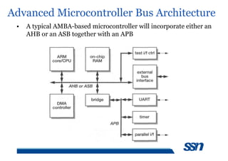 Advanced Microcontroller Bus Architecture
• A typical AMBA-based microcontroller will incorporate either an
AHB or an ASB together with an APB
 