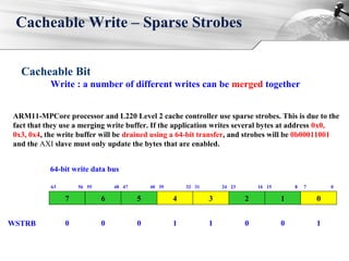 Cacheable Write – Sparse Strobes
ARM11-MPCore processor and L220 Level 2 cache controller use sparse strobes. This is due to the
fact that they use a merging write buffer. If the application writes several bytes at address 0x0,
0x3, 0x4, the write buffer will be drained using a 64-bit transfer, and strobes will be 0b00011001
and the AXI slave must only update the bytes that are enabled.
7
63 56
6
55 48
5
47 40
4
39 32
3
31 24
2
23 16
1
15 8
0
7 0
64-bit write data bus
WSTRB 0 0 0 1 1 0 0 1
Cacheable Bit
Write : a number of different writes can be merged together
 