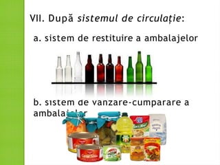 VII. După sistemul de circulație:
a. sistem de restituire a ambalajelor
b. sistem de vânzare-cumpărare a
ambalajelor
 
