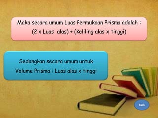 Maka secara umum Luas Permukaan Prisma adalah :
(2 x Luas alas) + (Keliling alas x tinggi)

Sedangkan secara umum untuk

Volume Prisma : Luas alas x tinggi

Back

 