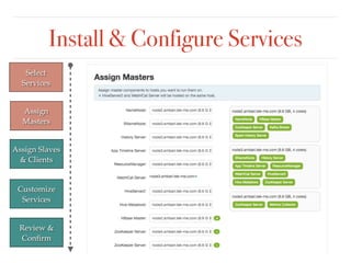 Install & Configure Services
Select
Services
Assign
Masters
Assign Slaves
& Clients
Customize
Services
Review &
Conﬁrm
 