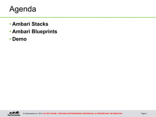 © Hortonworks Inc. 2014: DO NOT SHARE. CONTAINS HORTONWORKS CONFIDENTIAL & PROPRIETARY INFORMATION
Agenda
• Ambari Stacks
• Ambari Blueprints
• Demo
Page 3
 