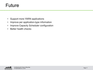 © Hortonworks Inc. 2013
Future
Page 17
Architecting the Future of Big Data
• Support more YARN applications
• Improve per application-type information
• Improve Capacity Scheduler configuration
• Better health checks
 