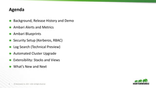 3 © Hortonworks Inc. 2011 – 2016. All Rights Reserved
Agenda
 Background, Release History and Demo
 Ambari Alerts and Metrics
 Ambari Blueprints
 Security Setup (Kerberos, RBAC)
 Log Search (Technical Preview)
 Automated Cluster Upgrade
 Extensibility: Stacks and Views
 What’s New and Next
 