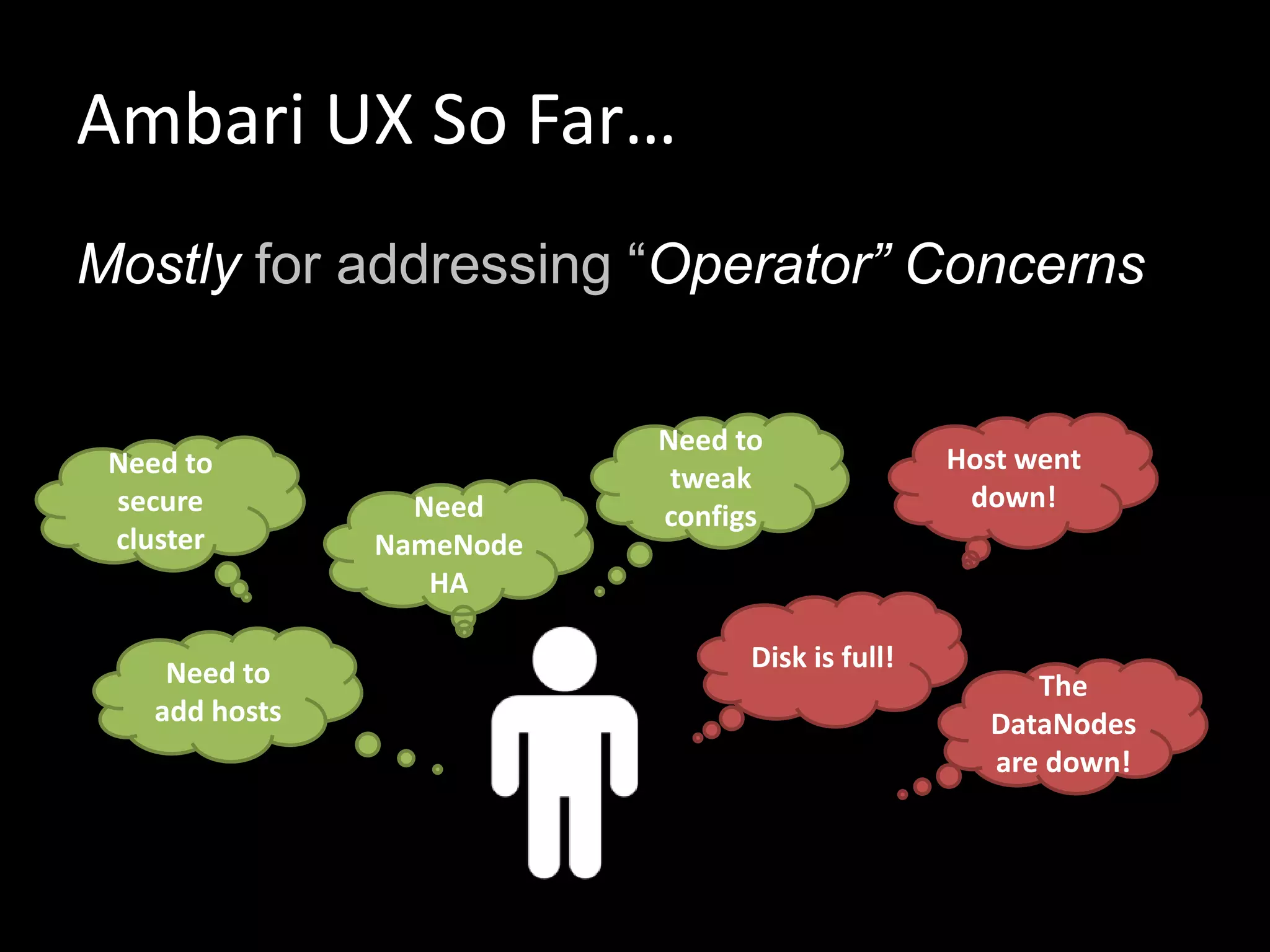Ambari UX So Far…
Mostly for addressing “Operator” Concerns
Host went
down!
Disk is full!
Need to
tweak
configs
The
DataNodes
are down!
Need to
add hosts
Need to
secure
cluster
Need
NameNode
HA
 