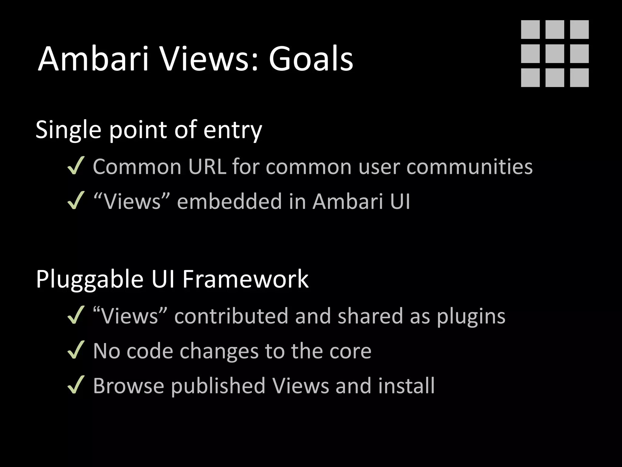 Ambari Views: Goals
Single point of entry
✔ Common URL for common user communities
✔ “Views” embedded in Ambari UI
Pluggable UI Framework
✔ “Views” contributed and shared as plugins
✔ No code changes to the core
✔ Browse published Views and install
 