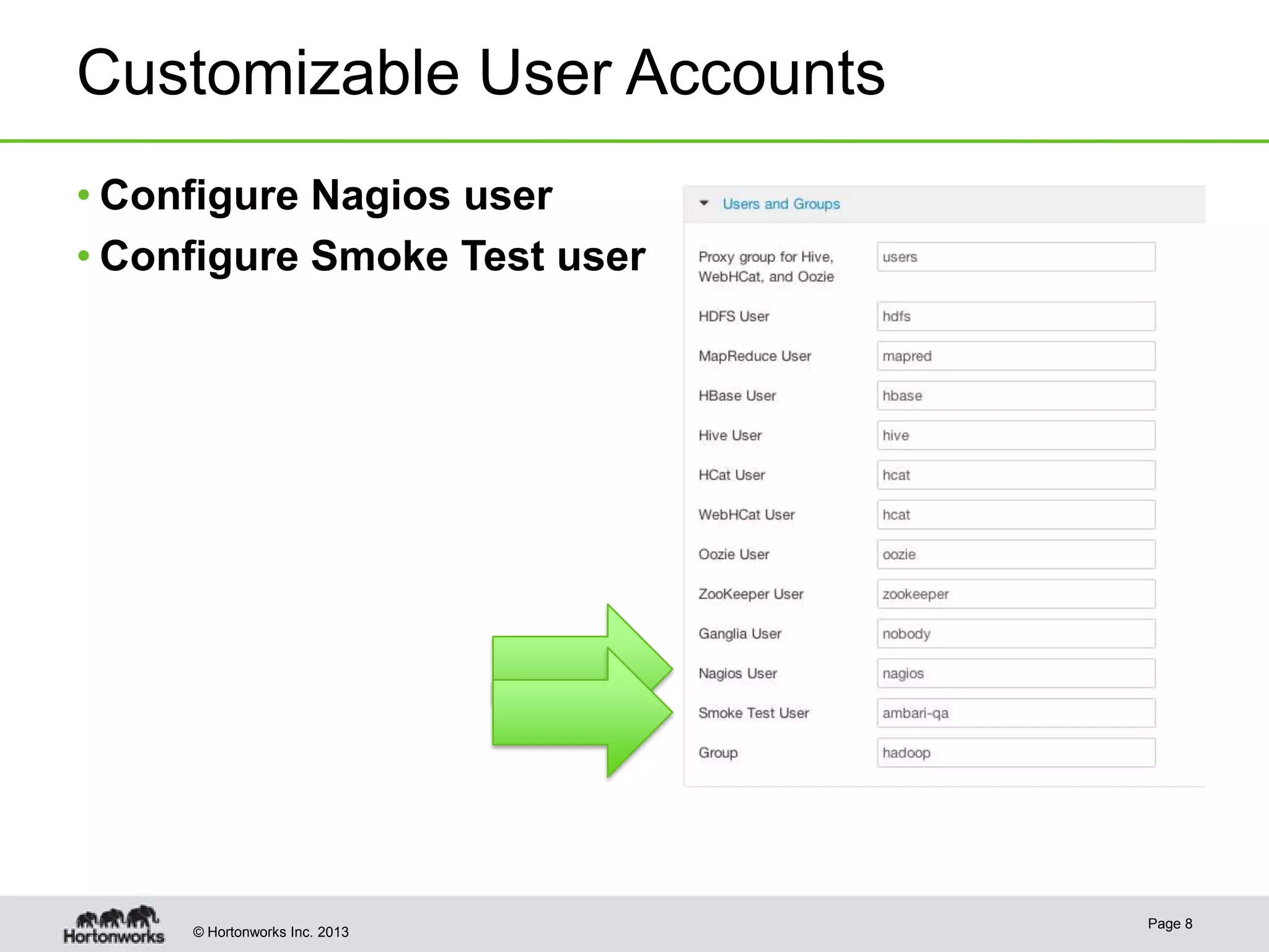 © Hortonworks Inc. 2013
Customizable User Accounts
• Configure Nagios user
• Configure Smoke Test user
Page 8
 
