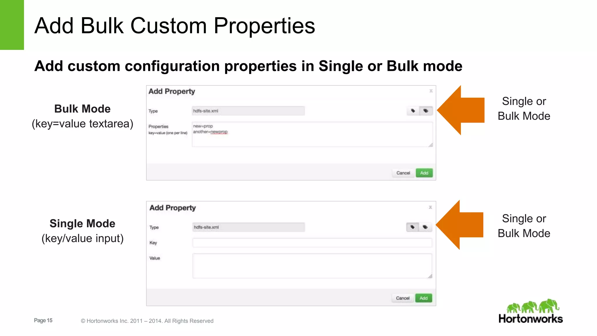 Add Bulk Custom Properties 
Add custom configuration properties in Single or Bulk mode 
Page 15 © Hortonworks Inc. 2011 – 2014. All Rights Reserved 
Single or 
Bulk Mode 
Single or 
Bulk Mode 
Bulk Mode 
(key=value textarea) 
Single Mode 
(key/value input) 
 
