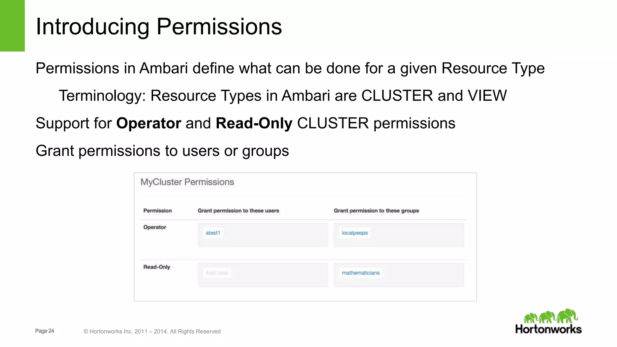 Introducing Permissions 
Permissions in Ambari define what can be done for a given Resource Type 
Terminology: Resource Types in Ambari are CLUSTER and VIEW 
Support for Operator and Read-Only CLUSTER permissions 
Grant permissions to users or groups 
Page 24 © Hortonworks Inc. 2011 – 2014. All Rights Reserved 
 
