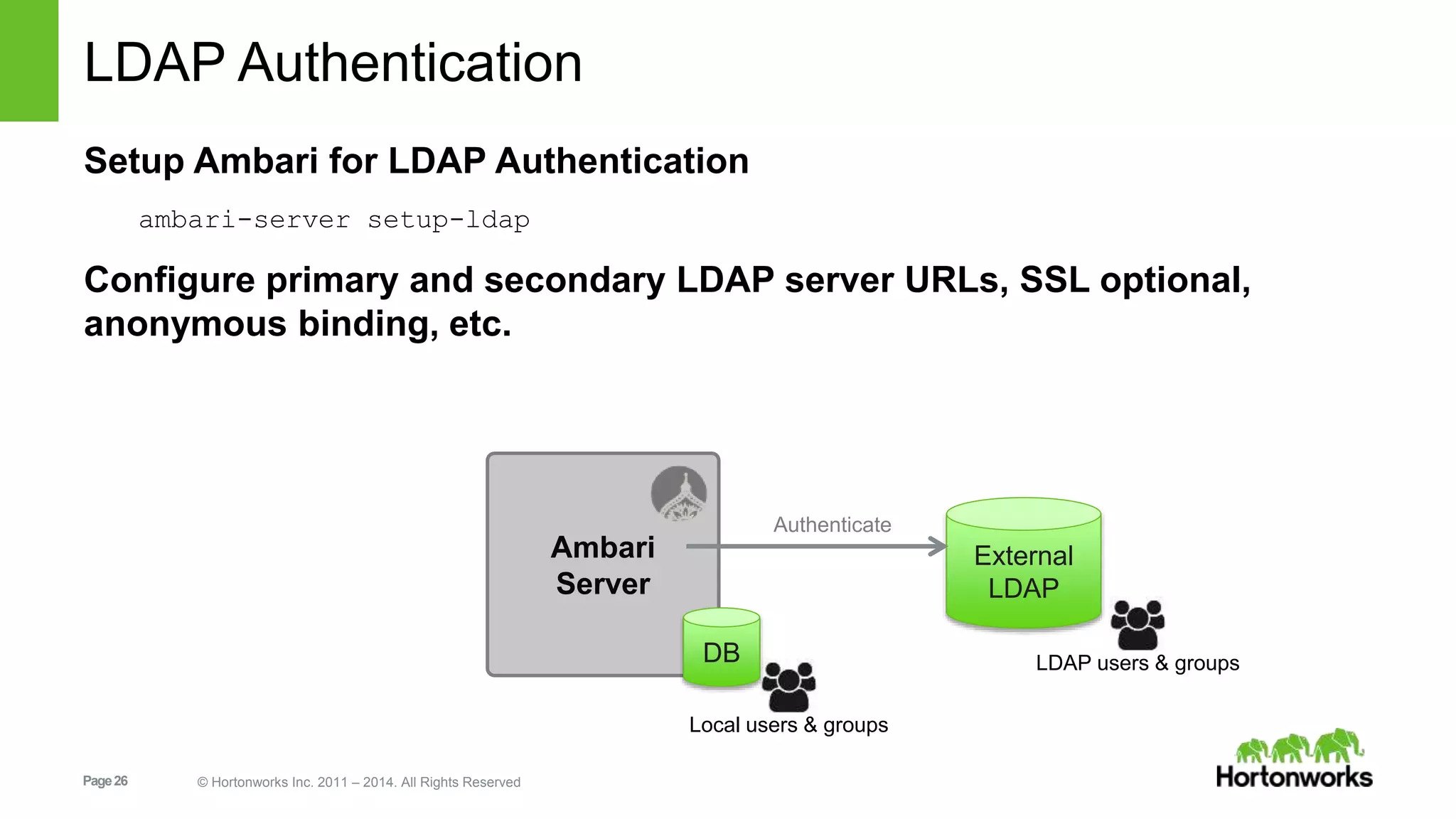 LDAP Authentication 
Setup Ambari for LDAP Authentication 
ambari-server setup-ldap 
Configure primary and secondary LDAP server URLs, SSL optional, 
anonymous binding, etc. 
Page 26 © Hortonworks Inc. 2011 – 2014. All Rights Reserved 
Ambari 
Server 
External 
LDAP 
Authenticate 
DB LDAP users & groups 
Local users & groups 
 