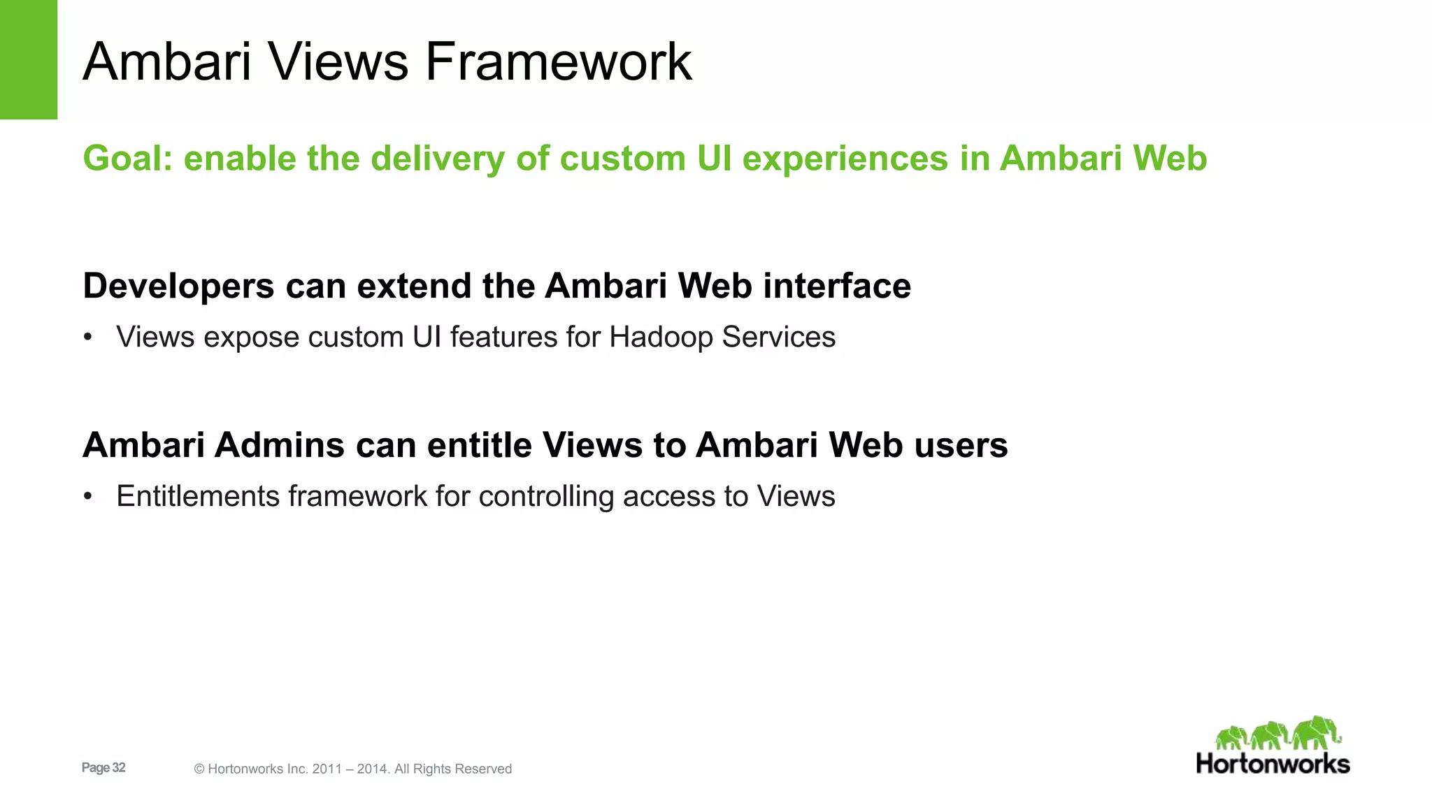 Ambari Views Framework 
Goal: enable the delivery of custom UI experiences in Ambari Web 
Developers can extend the Ambari Web interface 
• Views expose custom UI features for Hadoop Services 
Ambari Admins can entitle Views to Ambari Web users 
• Entitlements framework for controlling access to Views 
Page 32 © Hortonworks Inc. 2011 – 2014. All Rights Reserved 
 