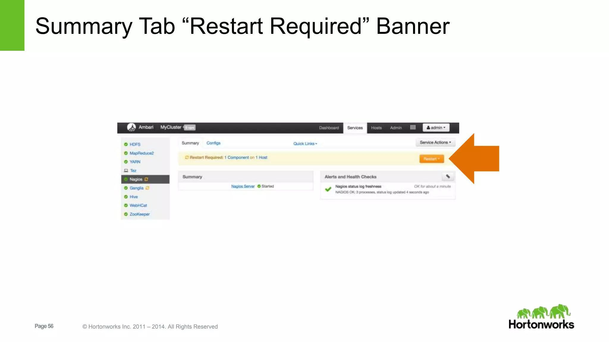 Summary Tab “Restart Required” Banner 
Page 56 © Hortonworks Inc. 2011 – 2014. All Rights Reserved 
 