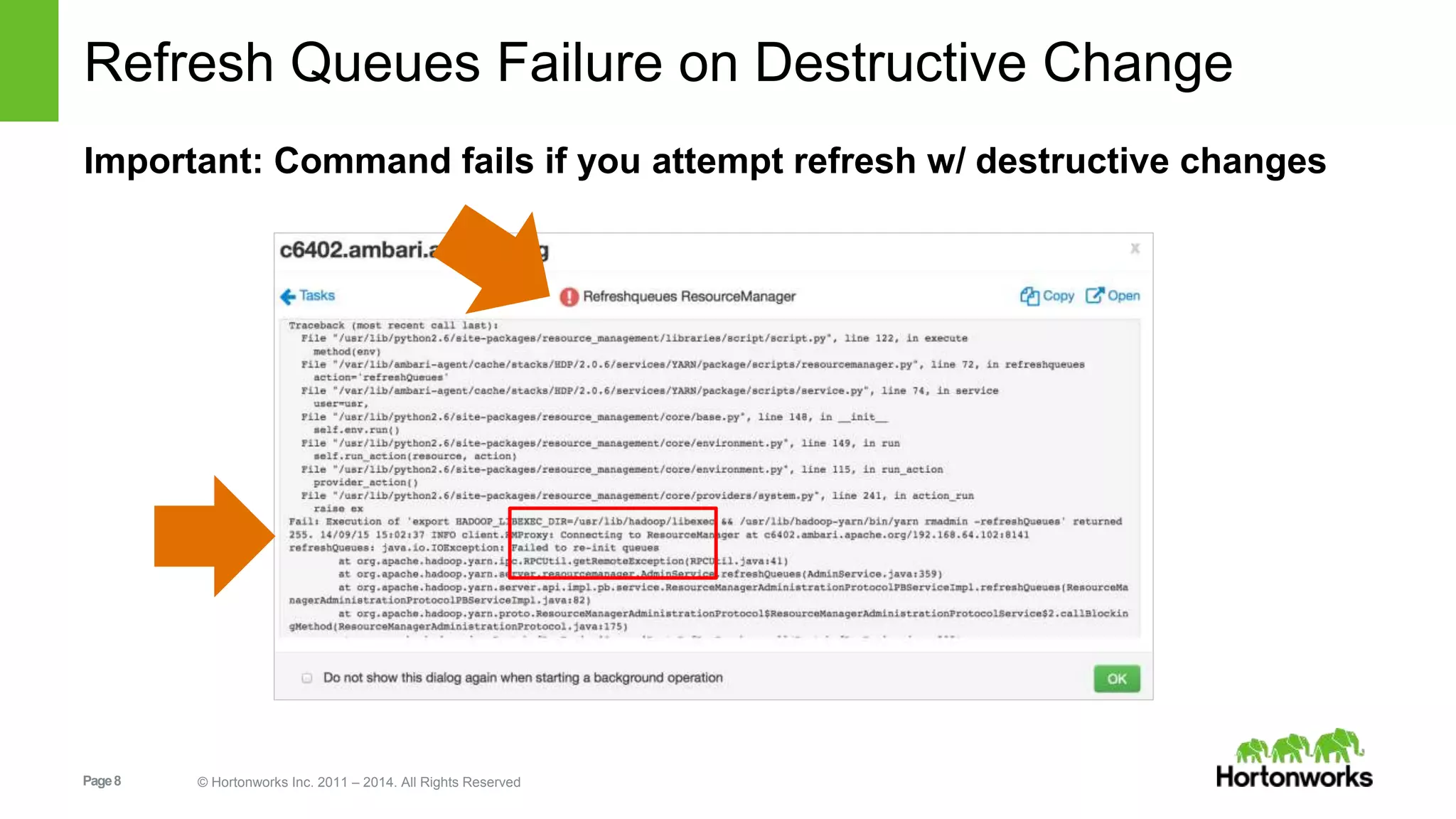 Refresh Queues Failure on Destructive Change 
Important: Command fails if you attempt refresh w/ destructive changes 
Page 8 © Hortonworks Inc. 2011 – 2014. All Rights Reserved 
 
