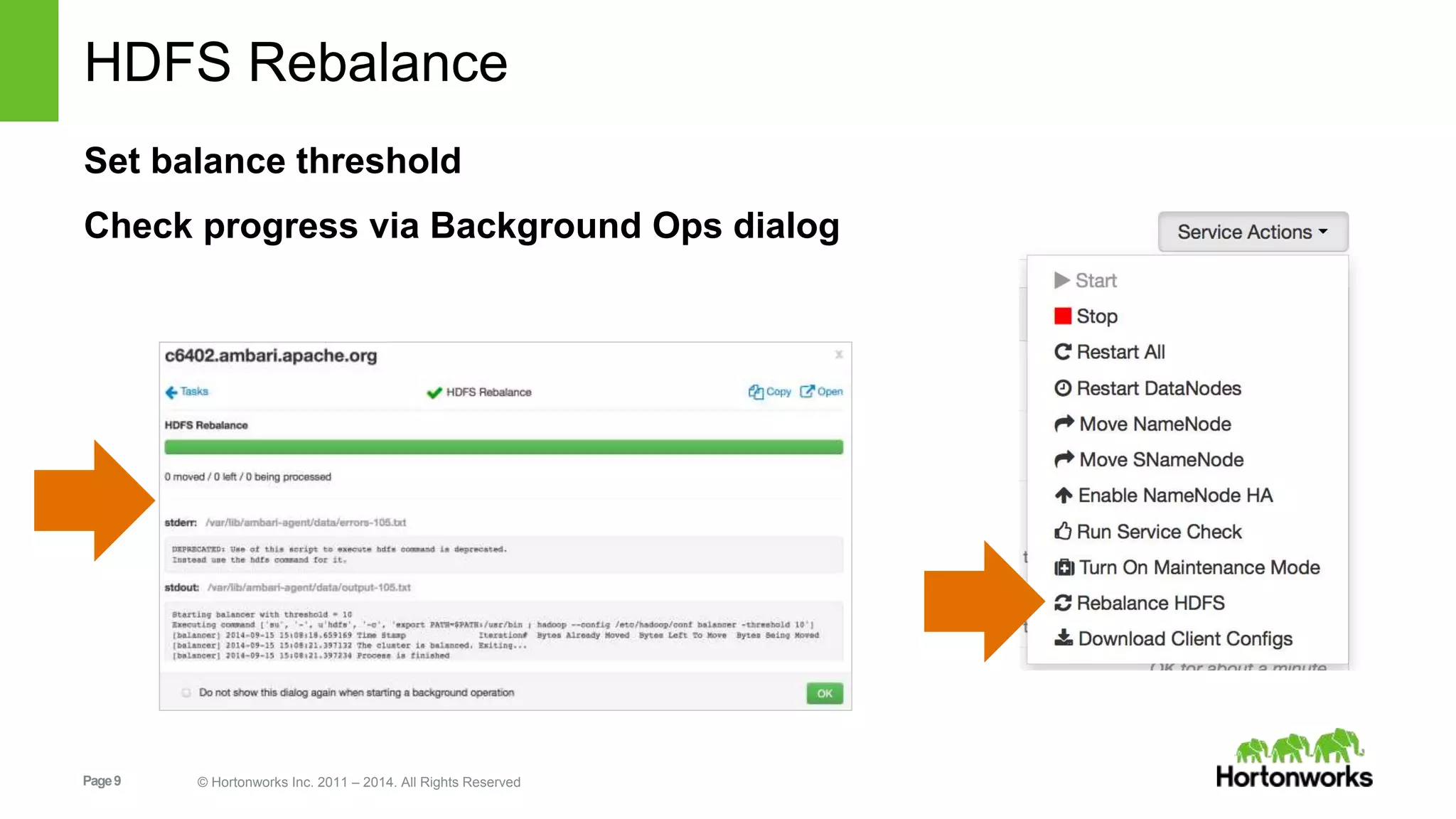 HDFS Rebalance 
Set balance threshold 
Check progress via Background Ops dialog 
Page 9 © Hortonworks Inc. 2011 – 2014. All Rights Reserved 
 