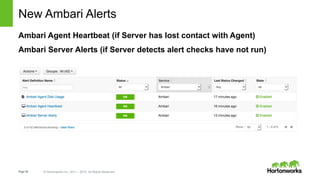 Page38 © Hortonworks Inc. 2011 – 2015. All Rights Reserved
New Ambari Alerts
Ambari Agent Heartbeat (if Server has lost contact with Agent)
Ambari Server Alerts (if Server detects alert checks have not run)
 