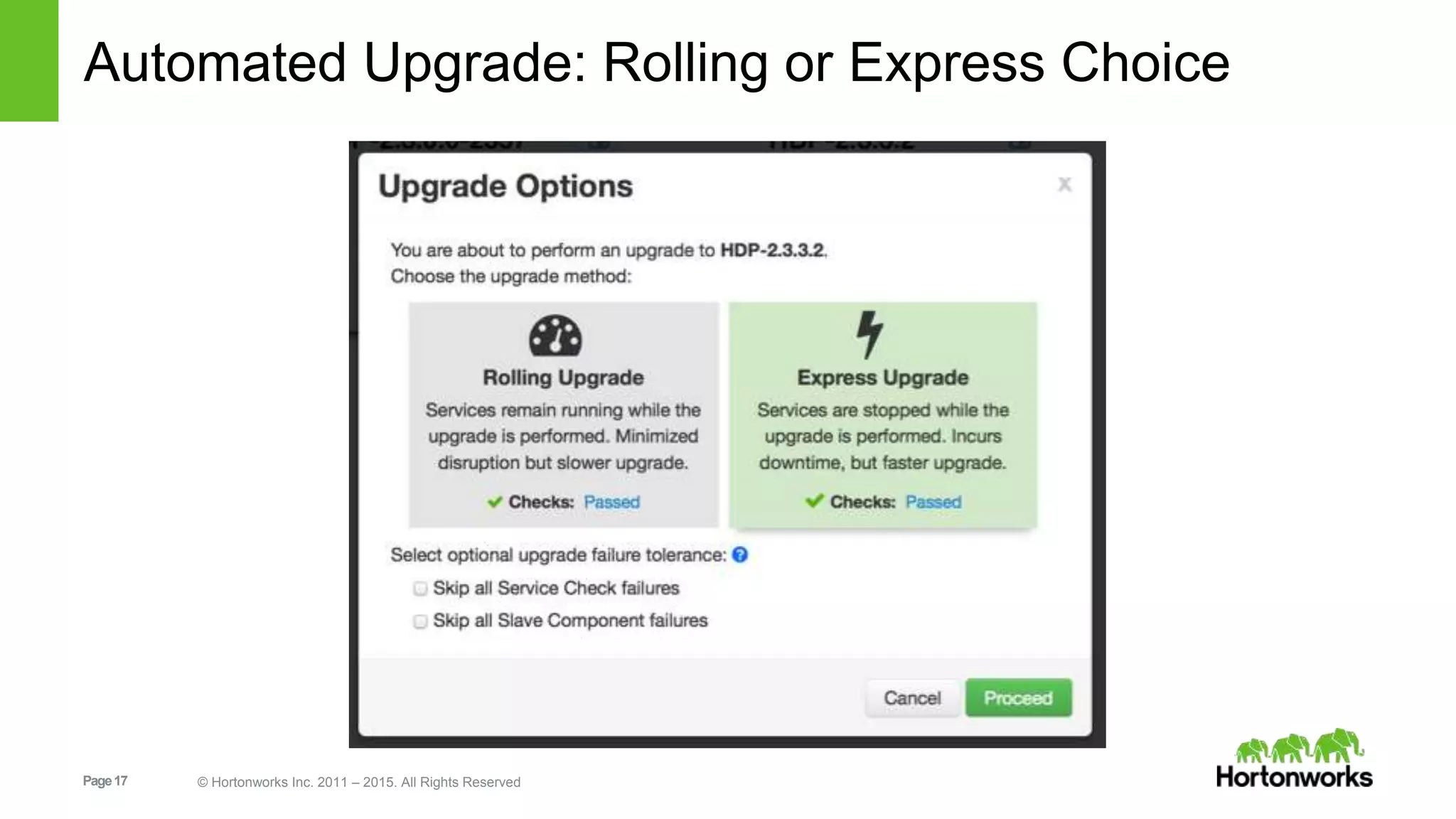 Page17 © Hortonworks Inc. 2011 – 2015. All Rights Reserved
Automated Upgrade: Rolling or Express Choice
 