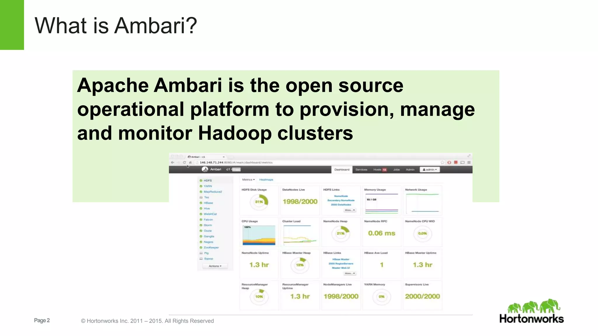 Page2 © Hortonworks Inc. 2011 – 2015. All Rights Reserved
What is Ambari?
Apache Ambari is the open source
operational platform to provision, manage
and monitor Hadoop clusters
 