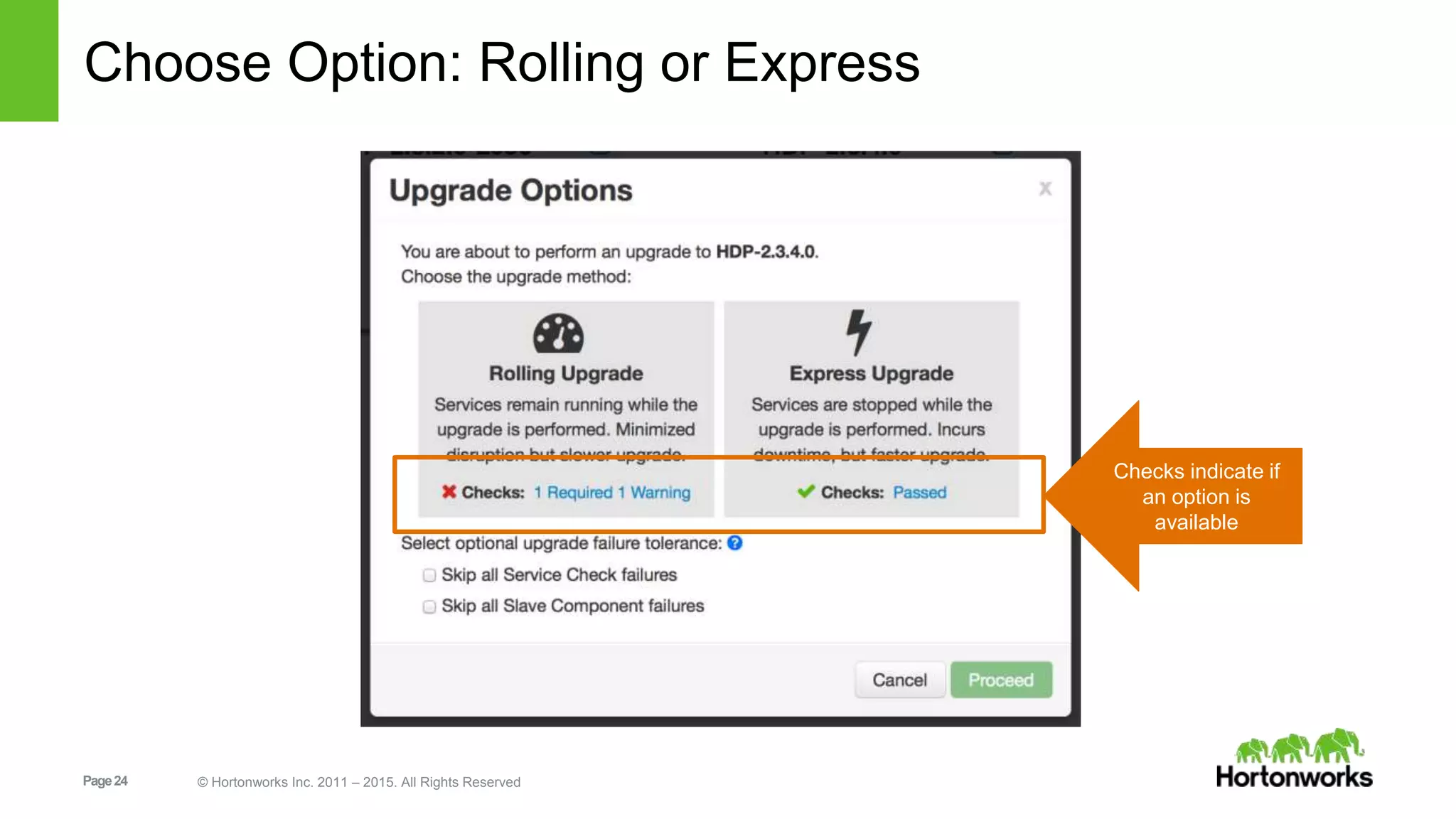Page24 © Hortonworks Inc. 2011 – 2015. All Rights Reserved
Choose Option: Rolling or Express
Checks indicate if
an option is
available
 