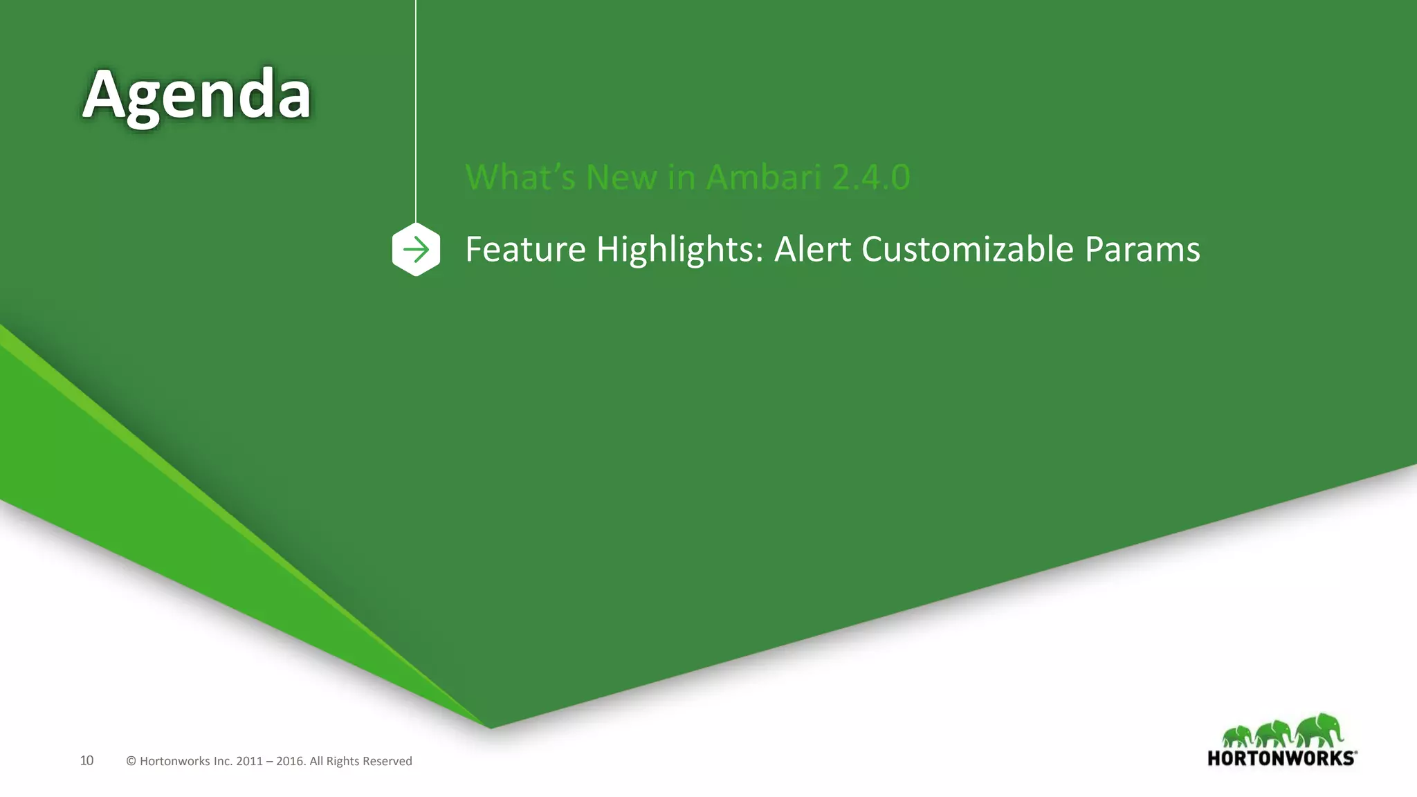 10 © Hortonworks Inc. 2011 – 2016. All Rights Reserved
Agenda
What’s New in Ambari 2.4.0
Feature Highlights: Alert Customizable Params
 