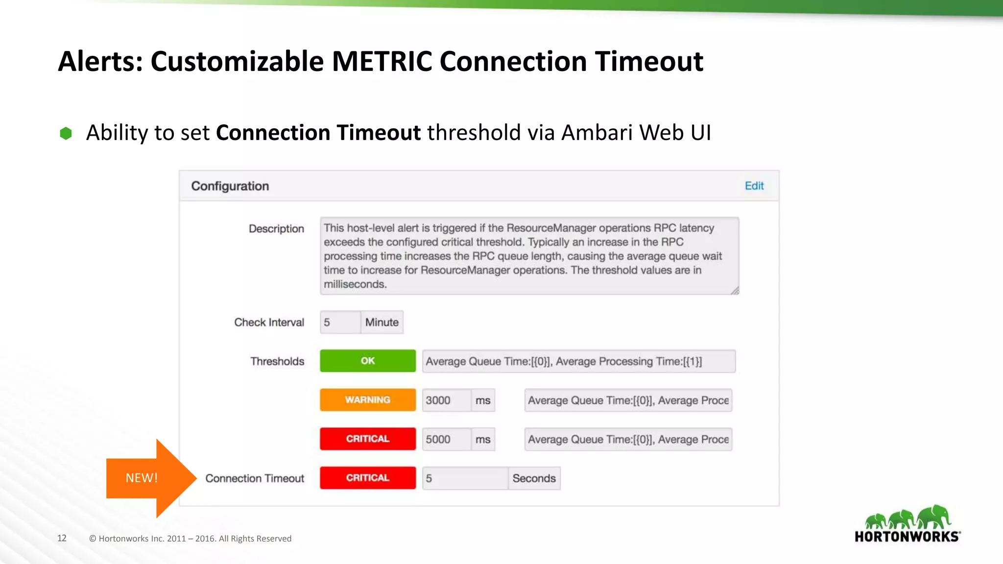 12 © Hortonworks Inc. 2011 – 2016. All Rights Reserved
Alerts: Customizable METRIC Connection Timeout
 Ability to set Connection Timeout threshold via Ambari Web UI
NEW!
 