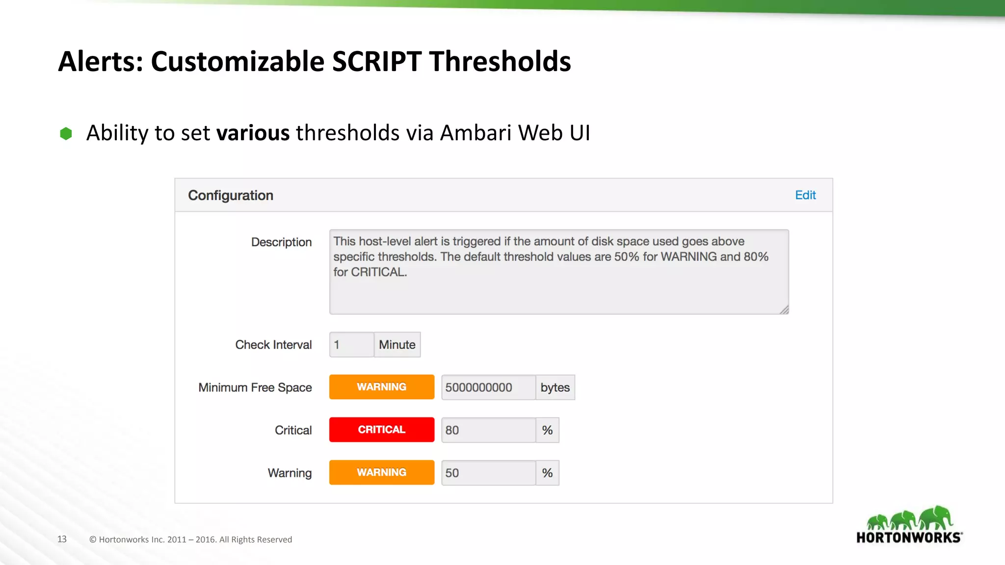 13 © Hortonworks Inc. 2011 – 2016. All Rights Reserved
Alerts: Customizable SCRIPT Thresholds
 Ability to set various thresholds via Ambari Web UI
 