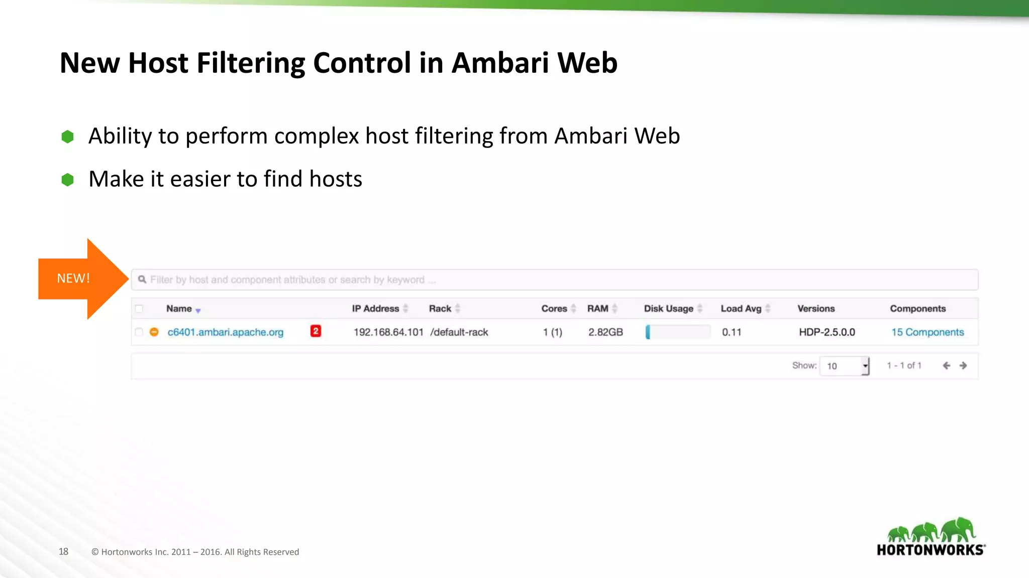18 © Hortonworks Inc. 2011 – 2016. All Rights Reserved
New Host Filtering Control in Ambari Web
 Ability to perform complex host filtering from Ambari Web
 Make it easier to find hosts
NEW!
 