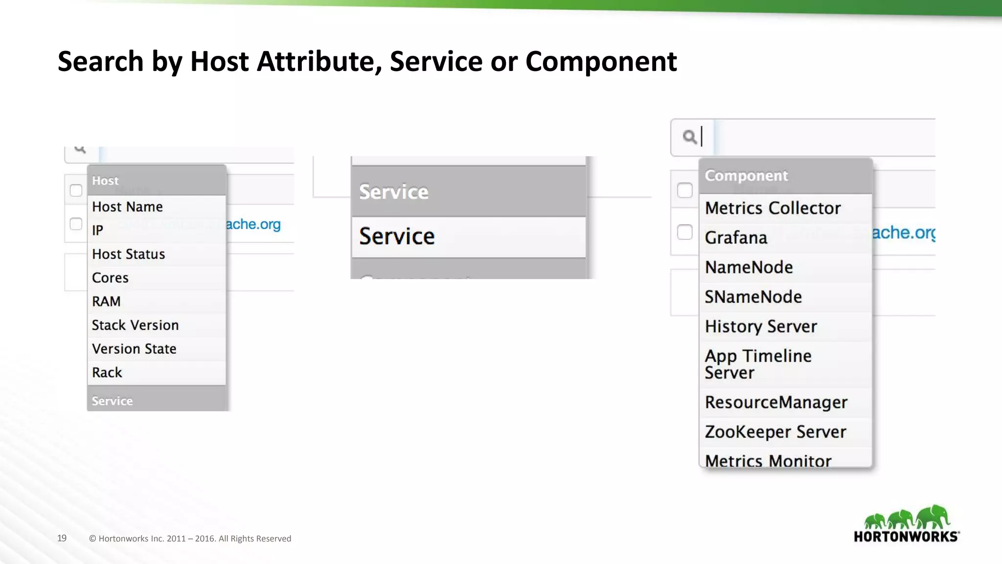 19 © Hortonworks Inc. 2011 – 2016. All Rights Reserved
Search by Host Attribute, Service or Component
 