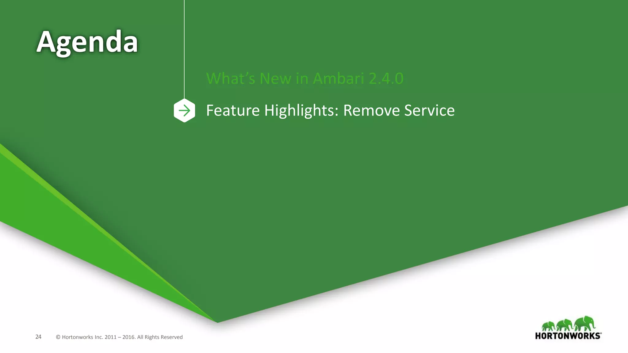 24 © Hortonworks Inc. 2011 – 2016. All Rights Reserved
Agenda
What’s New in Ambari 2.4.0
Feature Highlights: Remove Service
 