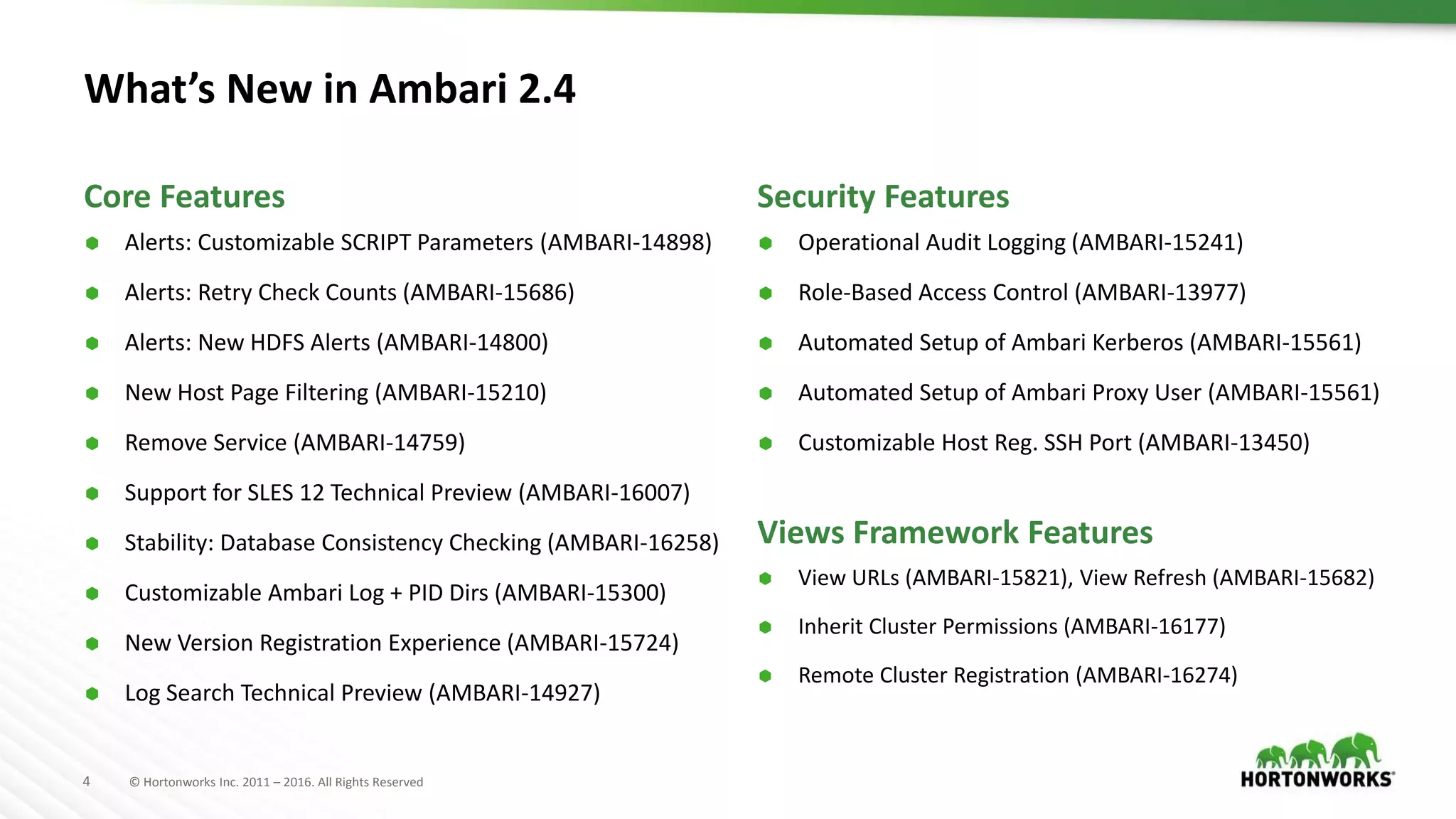 4 © Hortonworks Inc. 2011 – 2016. All Rights Reserved
What’s New in Ambari 2.4
 Alerts: Customizable SCRIPT Parameters (AMBARI-14898)
 Alerts: Retry Check Counts (AMBARI-15686)
 Alerts: New HDFS Alerts (AMBARI-14800)
 New Host Page Filtering (AMBARI-15210)
 Remove Service (AMBARI-14759)
 Support for SLES 12 Technical Preview (AMBARI-16007)
 Stability: Database Consistency Checking (AMBARI-16258)
 Customizable Ambari Log + PID Dirs (AMBARI-15300)
 New Version Registration Experience (AMBARI-15724)
 Log Search Technical Preview (AMBARI-14927)
 Operational Audit Logging (AMBARI-15241)
 Role-Based Access Control (AMBARI-13977)
 Automated Setup of Ambari Kerberos (AMBARI-15561)
 Automated Setup of Ambari Proxy User (AMBARI-15561)
 Customizable Host Reg. SSH Port (AMBARI-13450)
Core Features Security Features
 View URLs (AMBARI-15821), View Refresh (AMBARI-15682)
 Inherit Cluster Permissions (AMBARI-16177)
 Remote Cluster Registration (AMBARI-16274)
Views Framework Features
 