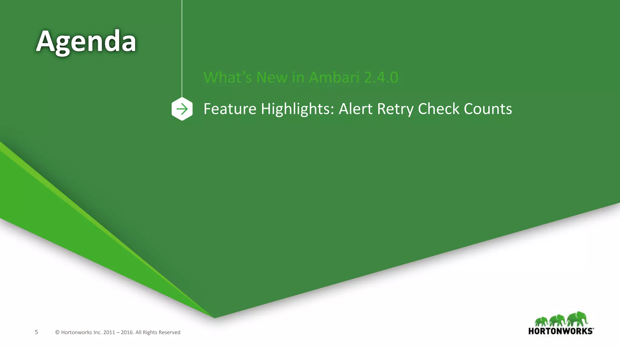 5 © Hortonworks Inc. 2011 – 2016. All Rights Reserved
Agenda
What’s New in Ambari 2.4.0
Feature Highlights: Alert Retry Check Counts
 