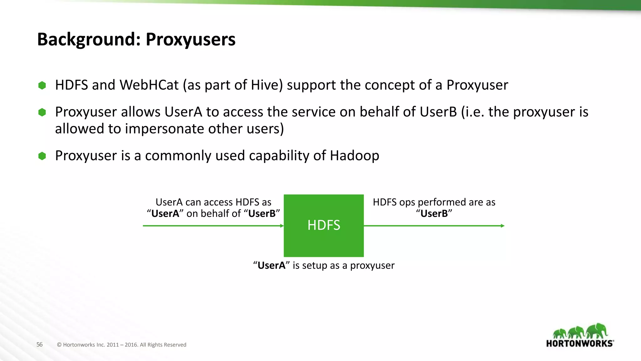 56 © Hortonworks Inc. 2011 – 2016. All Rights Reserved
Background: Proxyusers
 HDFS and WebHCat (as part of Hive) support the concept of a Proxyuser
 Proxyuser allows UserA to access the service on behalf of UserB (i.e. the proxyuser is
allowed to impersonate other users)
 Proxyuser is a commonly used capability of Hadoop
HDFS
“UserA” is setup as a proxyuser
UserA can access HDFS as
“UserA” on behalf of “UserB”
HDFS ops performed are as
“UserB”
 