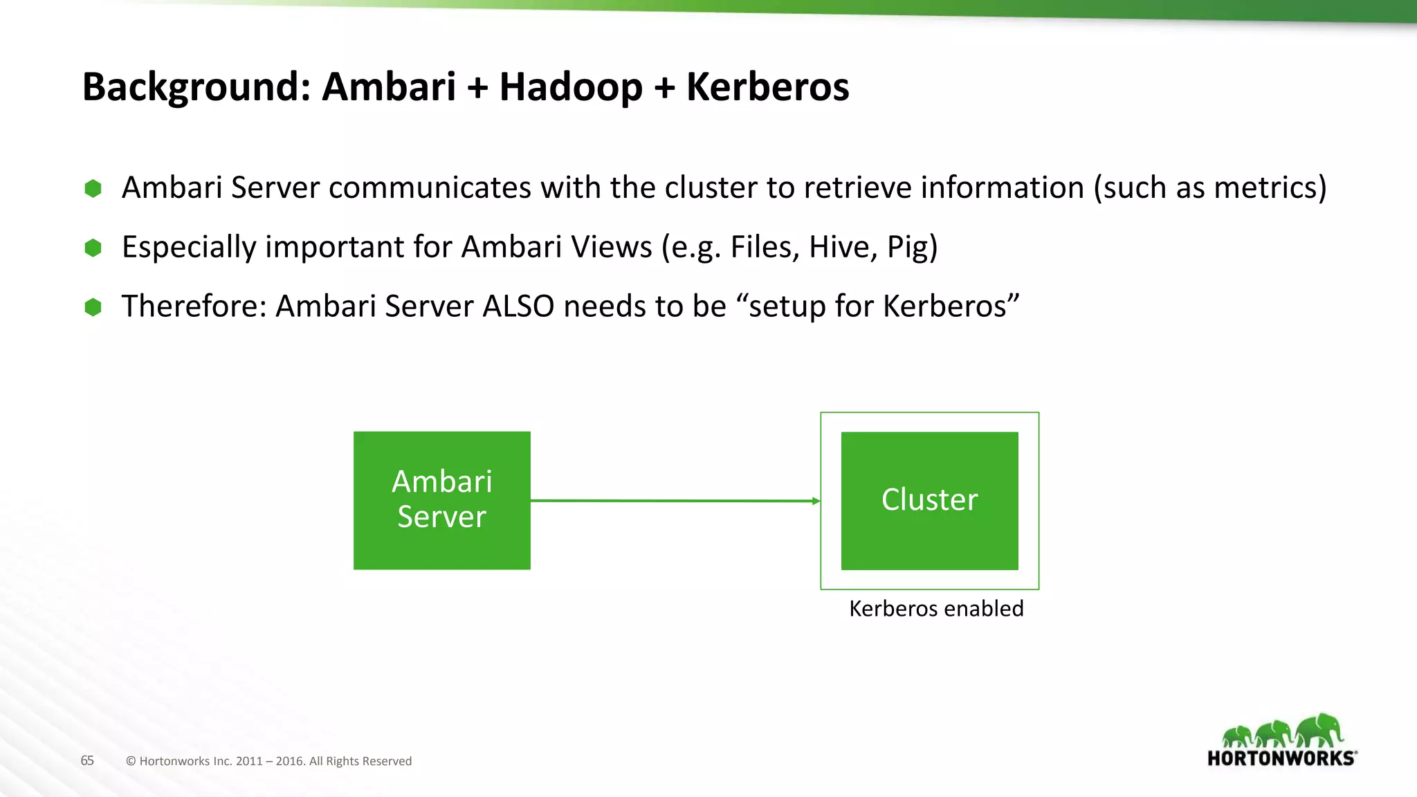 65 © Hortonworks Inc. 2011 – 2016. All Rights Reserved
Background: Ambari + Hadoop + Kerberos
 Ambari Server communicates with the cluster to retrieve information (such as metrics)
 Especially important for Ambari Views (e.g. Files, Hive, Pig)
 Therefore: Ambari Server ALSO needs to be “setup for Kerberos”
Ambari
Server Cluster
Kerberos enabled
 