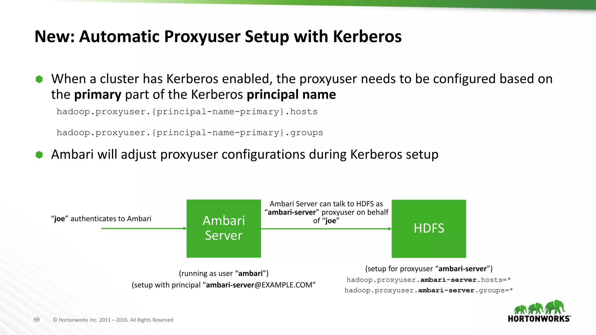 69 © Hortonworks Inc. 2011 – 2016. All Rights Reserved
New: Automatic Proxyuser Setup with Kerberos
 When a cluster has Kerberos enabled, the proxyuser needs to be configured based on
the primary part of the Kerberos principal name
hadoop.proxyuser.{principal-name-primary}.hosts
hadoop.proxyuser.{principal-name-primary}.groups
 Ambari will adjust proxyuser configurations during Kerberos setup
Ambari
Server HDFS
(running as user “ambari”)
(setup with principal “ambari-server@EXAMPLE.COM”
“joe” authenticates to Ambari
(setup for proxyuser “ambari-server”)
hadoop.proxyuser.ambari-server.hosts=*
hadoop.proxyuser.ambari-server.groups=*
Ambari Server can talk to HDFS as
“ambari-server” proxyuser on behalf
of “joe”
 