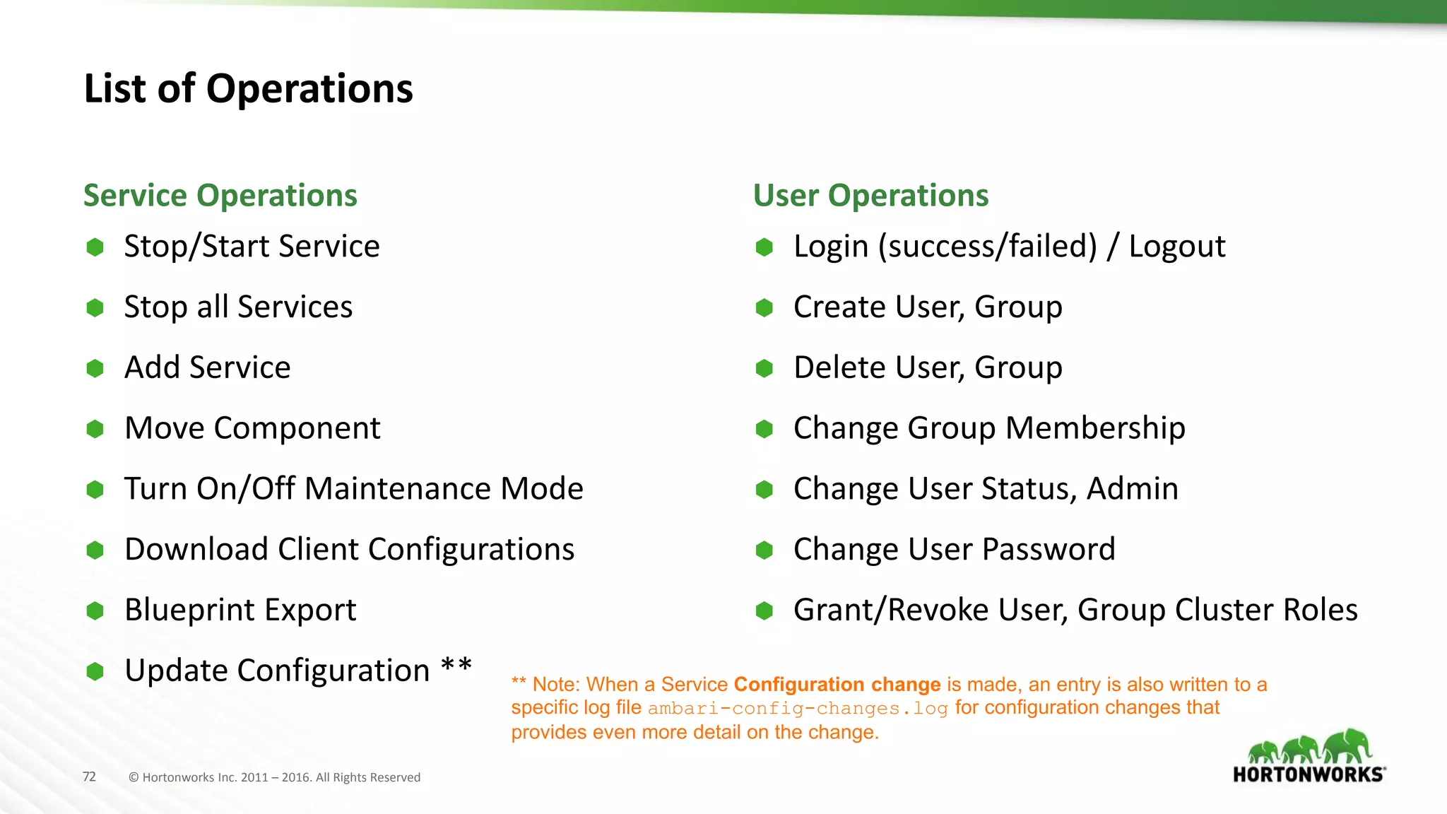 72 © Hortonworks Inc. 2011 – 2016. All Rights Reserved
List of Operations
 Stop/Start Service
 Stop all Services
 Add Service
 Move Component
 Turn On/Off Maintenance Mode
 Download Client Configurations
 Blueprint Export
 Update Configuration **
 Login (success/failed) / Logout
 Create User, Group
 Delete User, Group
 Change Group Membership
 Change User Status, Admin
 Change User Password
 Grant/Revoke User, Group Cluster Roles
Service Operations User Operations
** Note: When a Service Configuration change is made, an entry is also written to a
specific log file ambari-config-changes.log for configuration changes that
provides even more detail on the change.
 